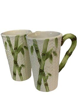 Vintage Bamboo Rattan Hand Painted Mug Set of 2 Cardinal Inc Tall Latte Cups Tro